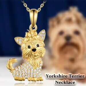 Cute Yorkshire Rhinestone Yorkie Puppy Pendant Goldplated Pet Lover's Necklace